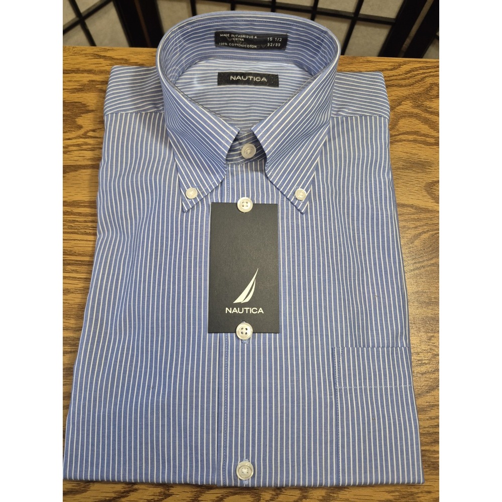 Nautica Classic Preppy blue white pin stripe dress shirt size 15 1/2 X 32/33 - Picture 3 of 3